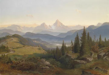 Landschaft mit Gebirgskette, im Hintergrund der Watzmann